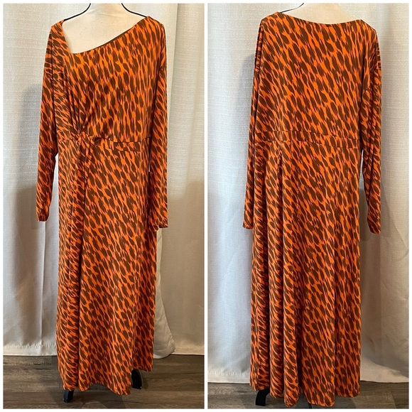 Eloquii Womens Maxi Dress Long Sleeve Orange Brown Print Front Slit Sz 22 NWT - Picture 1 of 8
